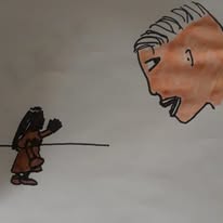 Miniature native woman talking to handsome non native man